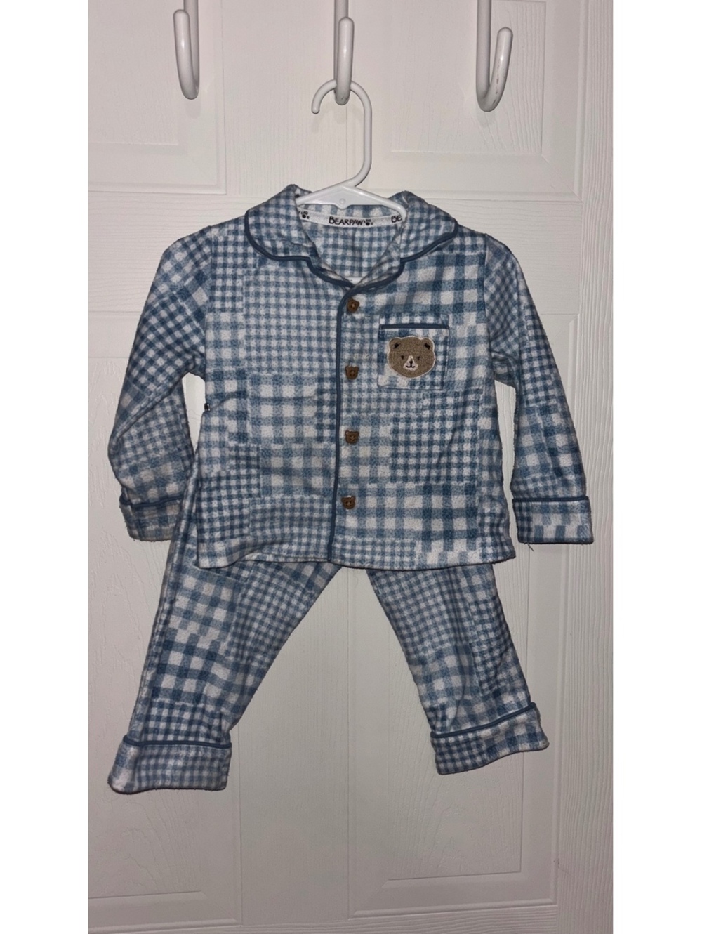Bearpaw Blue and White Plaid Baby Pajama Set with Bear Patch